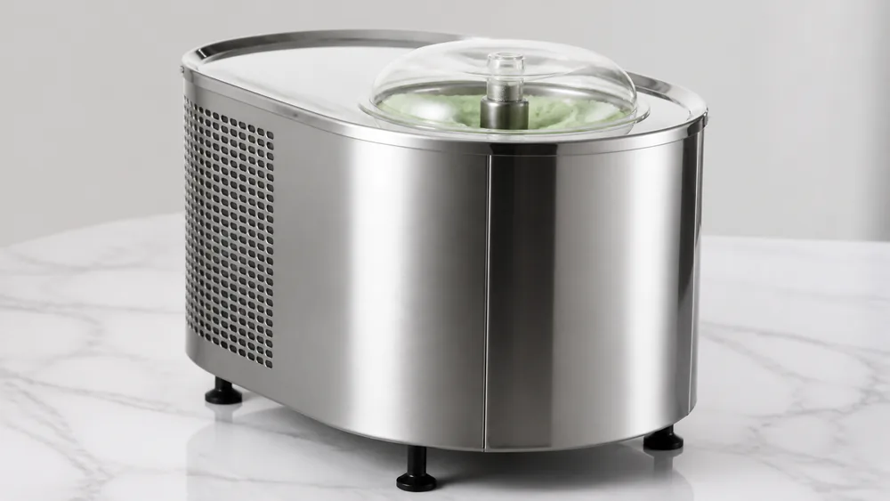 The stainless Lello 4080 with its clear lid in place, pistachio gelato in the fixed bowl.