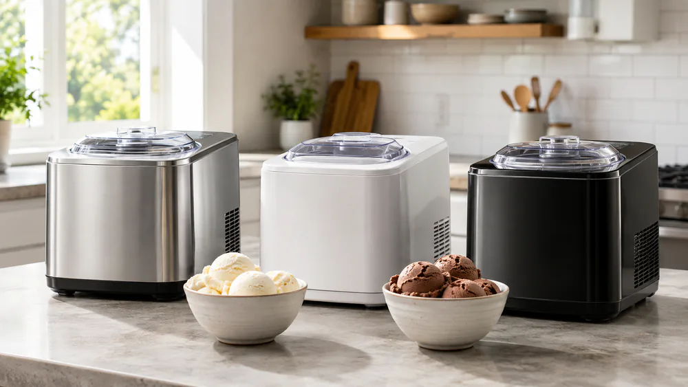 Three compressor ice cream machines side by side on a test kitchen counter, bowls of vanilla and chocolate ice cream in front of them.