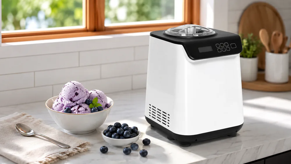 The VEVOR 2 Qt horizontal machine with a bowl of blueberry ice cream on top.