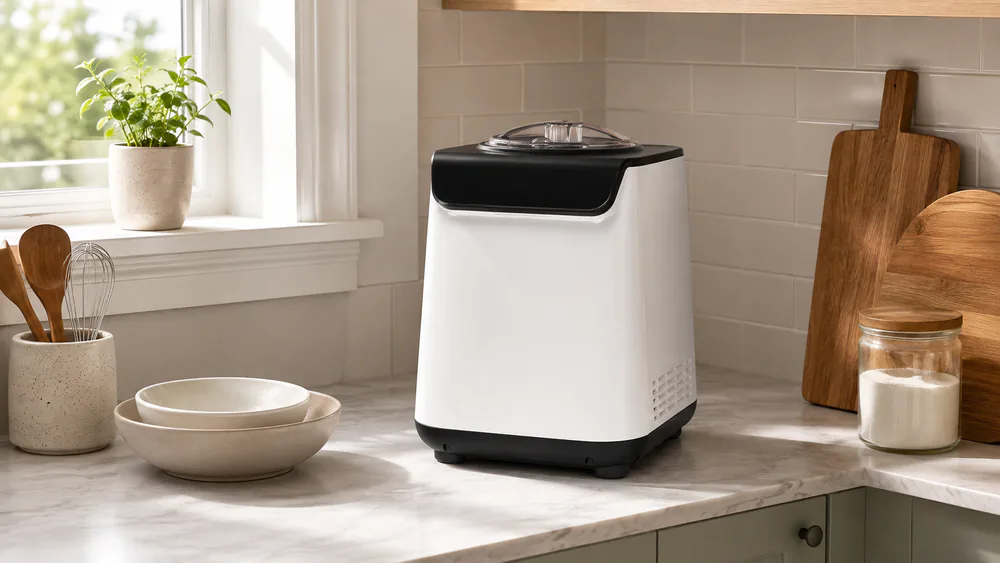 The compact white Whynter ICM-128WS beside a coffee maker on a small counter.