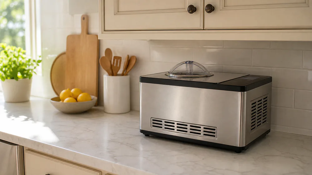The low, horizontal Whynter ICM-200LS on a counter beneath standard kitchen cabinets.