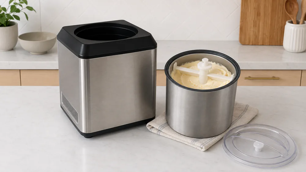 The Whynter ICM-201SB with its removable stainless bowl lifted out, vanilla ice cream on the dasher.