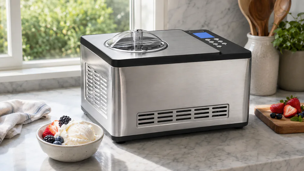 The Whynter ICM-220SSY with a jar of thick Greek-style yogurt beside it.