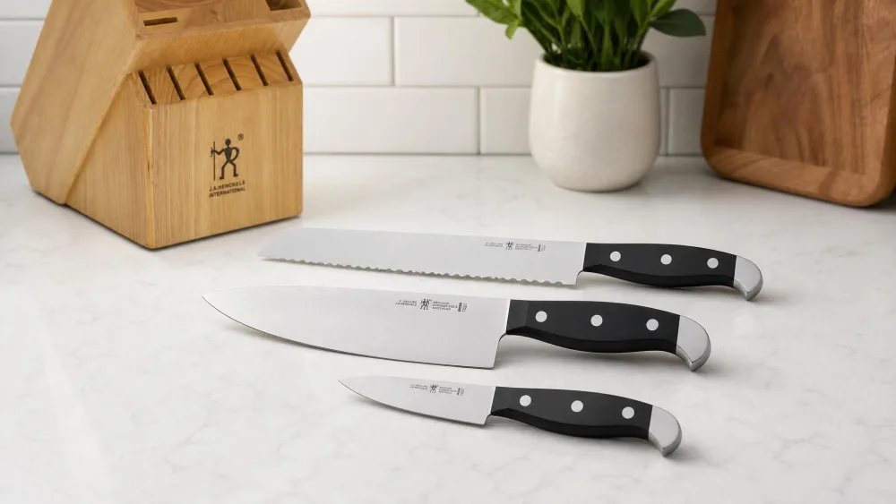 Three essential knives: a chef's knife, a paring knife, and a serrated bread knife on a kitchen counter.