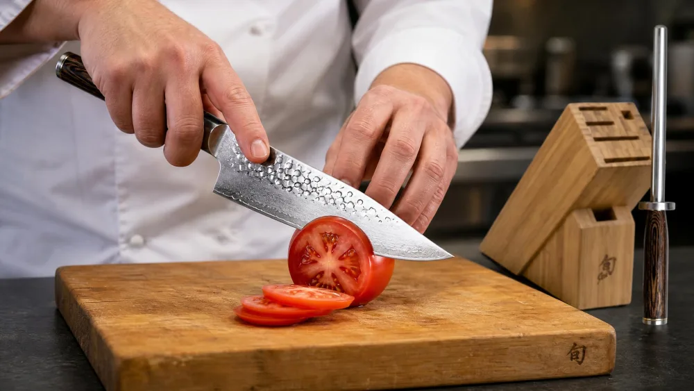 A test kitchen edge-retention check, a chef's knife slicing a ripe tomato on a wooden board.