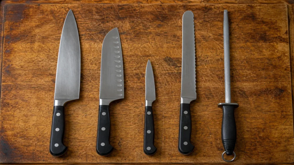 A chef's knife, a santoku, a paring knife and a serrated bread knife laid out side by side on a scarred wooden cutting board next to a honing rod.
