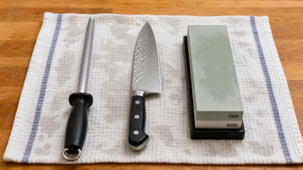 A steel honing rod and a two-sided 1000 and 4000 grit whetstone laid side by side on a damp kitchen towel, with a chef's knife resting between them.
