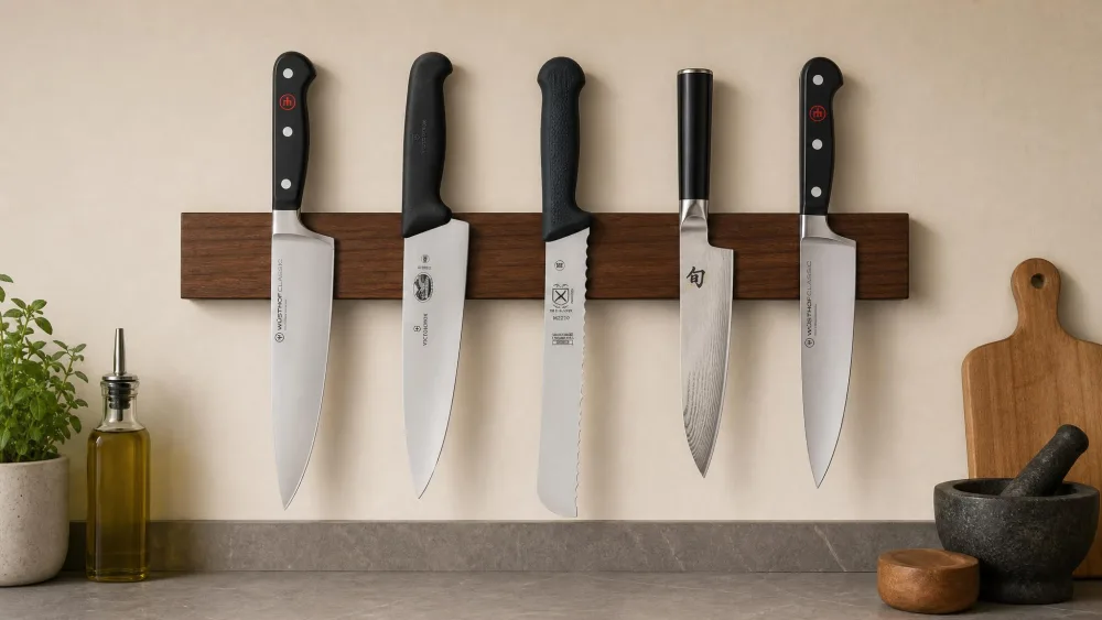 Five kitchen knives hanging blade-down on a wooden magnetic wall strip above a kitchen counter, their edges clear of any surface.