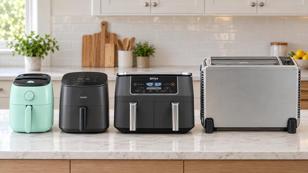 A small, a medium, and a large air fryer plus a flip-up air fry oven photographed side by side on a counter to show relative size