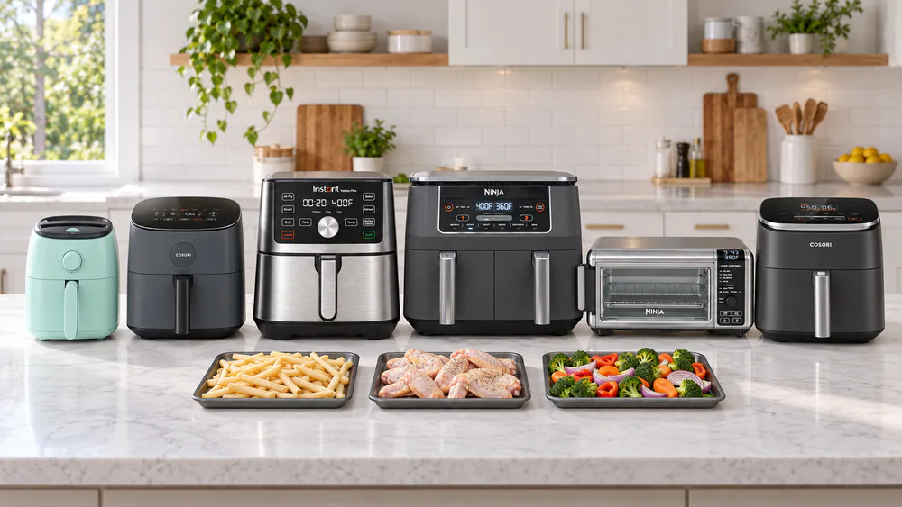 Six air fryers lined up on a family kitchen counter with trays of frozen fries, chicken wings, and sliced vegetables ready to be cooked