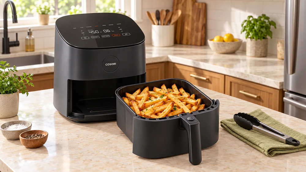The Cosori Air Fryer Pro LE basket pulled out on a kitchen counter, filled with golden brown fries and a pair of tongs beside it