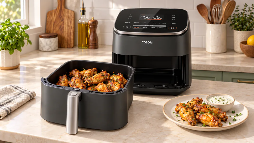 The Cosori TurboBlaze 6 Qt air fryer with its ceramic-coated square basket pulled out, holding a single batch of browned chicken wings