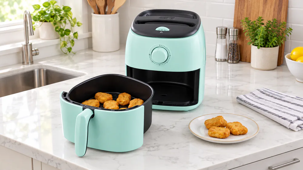 The compact Dash Tasti-Crisp 2.6 Qt air fryer on a small apartment counter with its basket open, holding a small batch of golden chicken nuggets