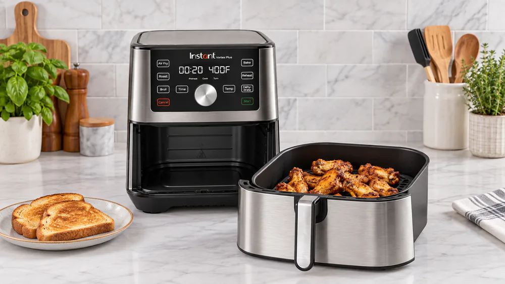 The Instant Pot Vortex Plus 6 Qt air fryer on a kitchen counter with its basket open, showing crisp chicken wings next to a plate of toast