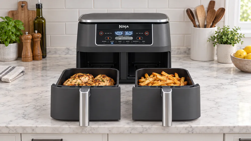 The Ninja Foodi DualZone DZ201 with both baskets pulled open on a kitchen counter, chicken breasts in one and fries in the other