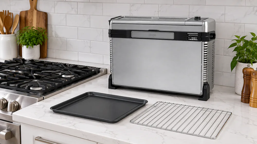 The Ninja SP101 air fry oven tipped up against a kitchen backsplash beside a stove, with its sheet pan and wire rack stored below