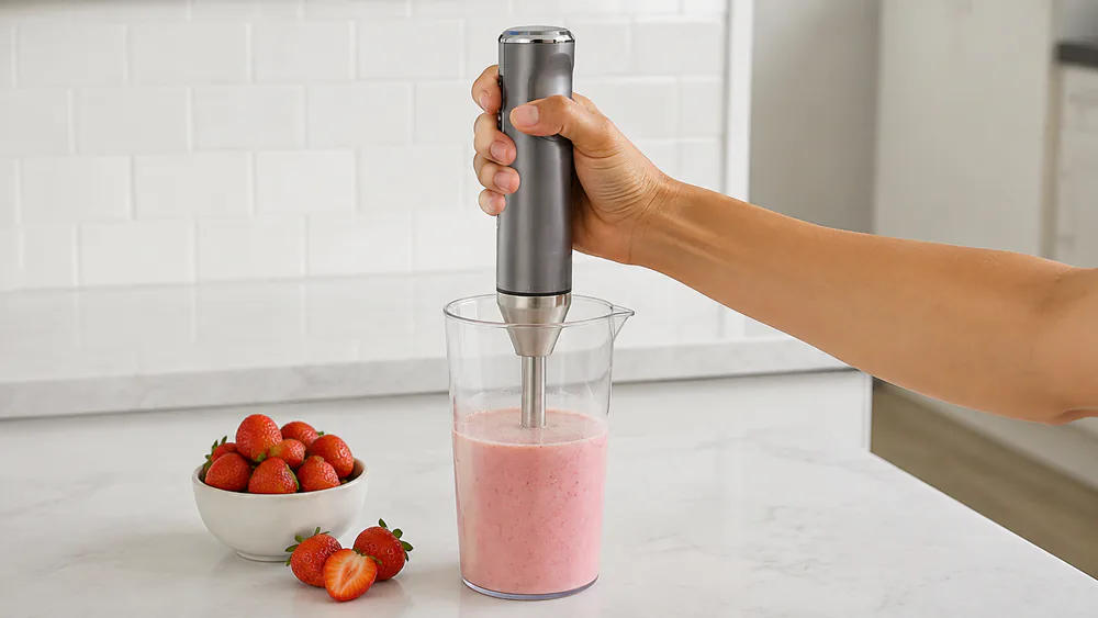 A Cuisinart EvolutionX cordless hand blender blending a shake in a beaker, LED display lit.