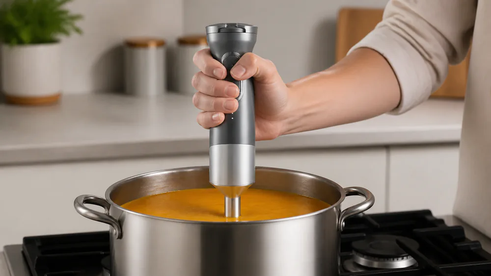 An Elite Gourmet EHB1300 cordless hand blender pureeing soup in a pot at the stove.