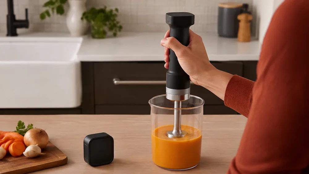 A KitchenAid Go cordless hand blender pureeing soup in its jar, battery beside it.