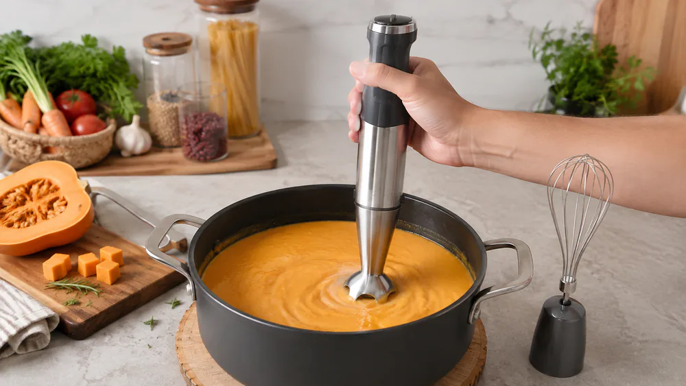 A KOIOS HB-2043 immersion blender pureeing soup in a nonstick pot, whisk beside it.