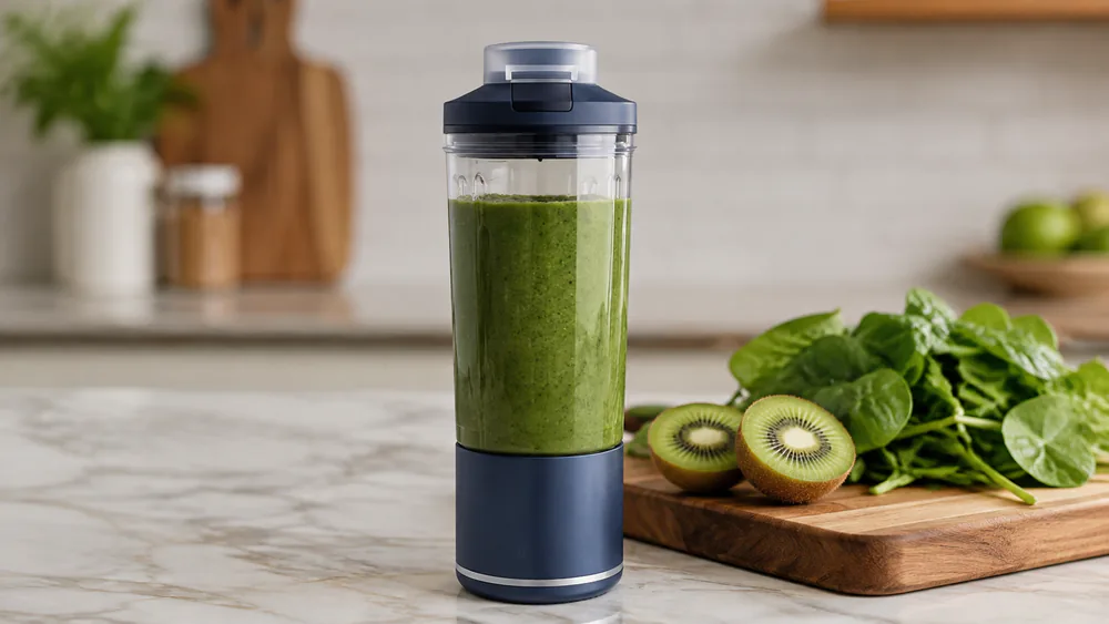 A Ninja Blast Max portable blender with its 22 oz vessel full of green smoothie.