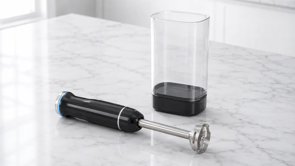 An OVENTE HR781B cordless hand blender beside its storage case, which doubles as a measuring cup.