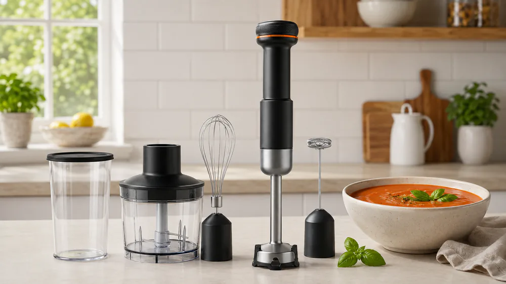 The Ritus 5-in-1 kit on a counter: stick, beaker, chopper, whisk, milk frother.