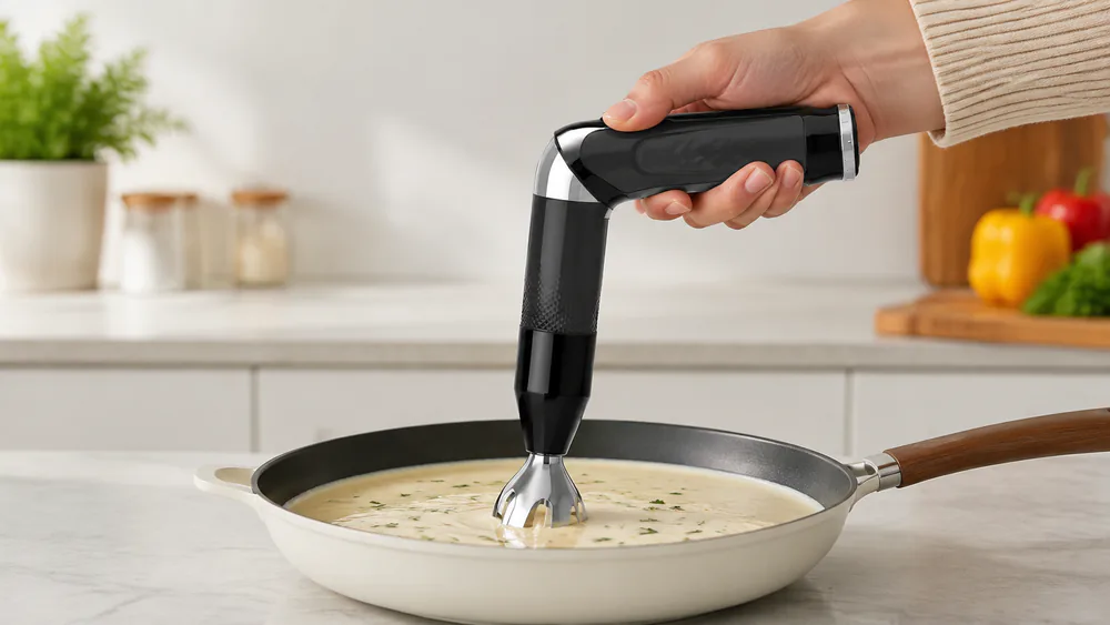 A Toogel 4-in-1 immersion blender with its handle bent 90 degrees, blending a pan sauce.