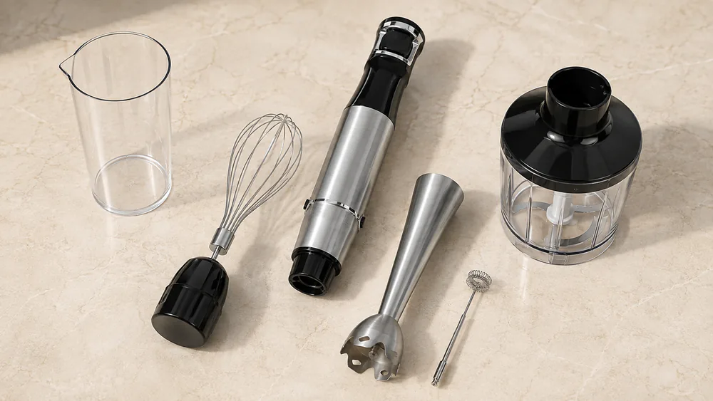 The Turelar 5-in-1 set laid out on a counter: motor, chopper, whisk, frother, emulsifier.