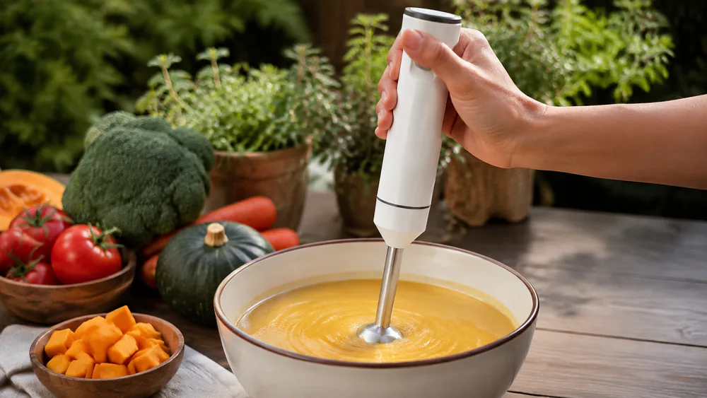 A UTALENT cordless hand blender pureeing soup in a bowl on a patio table.
