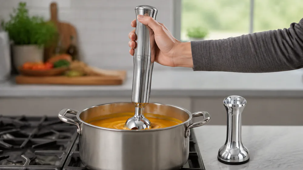 An All-Clad cordless immersion blender on its charging dock stand, its long stainless arm reaching into a deep stock pot.