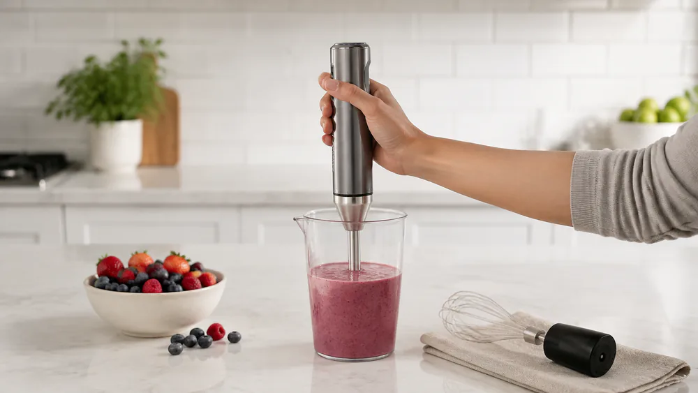 A Cuisinart EvolutionX cordless hand blender blending a smoothie in its 30 oz beaker, the whisk attachment resting beside it.