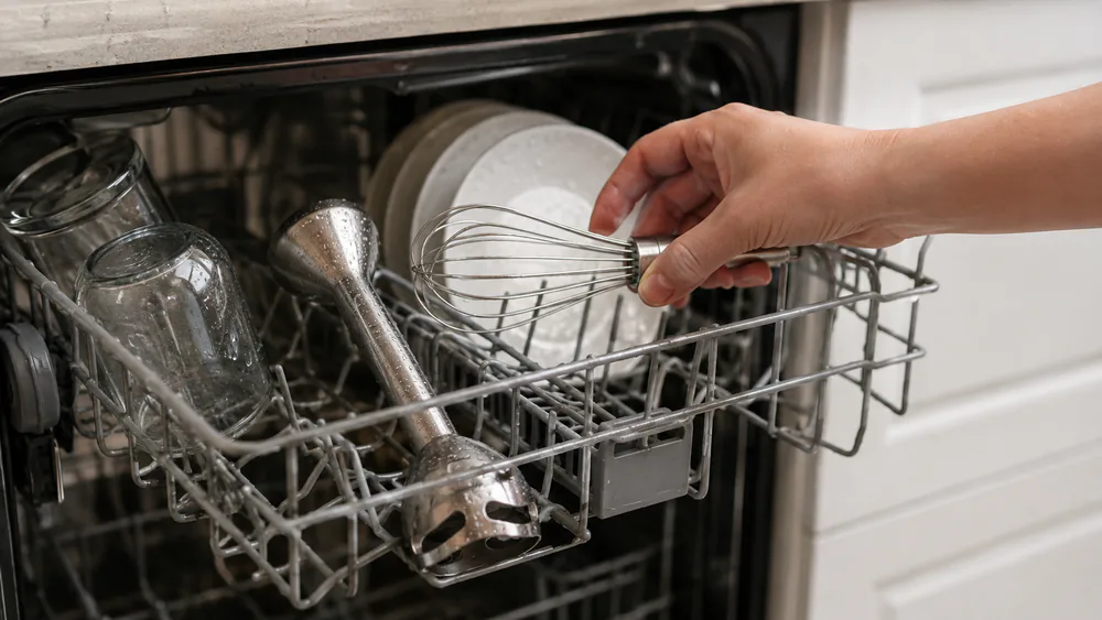 A detached blending shaft and egg whisk being placed into a dishwasher rack, showing the dishwasher-safe parts common to cordless immersion blender kits.