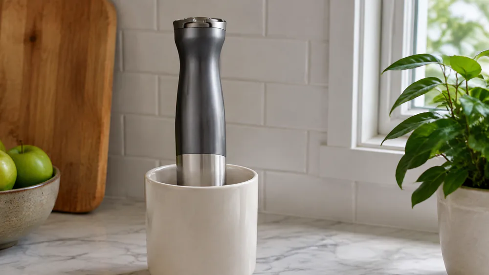 An Elite Gourmet EHB1300 cordless hand blender standing upright on a kitchen counter between uses.