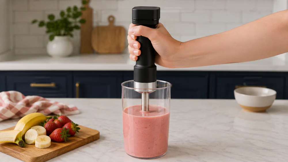 A KitchenAid Go cordless hand blender pureeing smoothie ingredients in its 3-cup jar, the blending arm detached beside it.