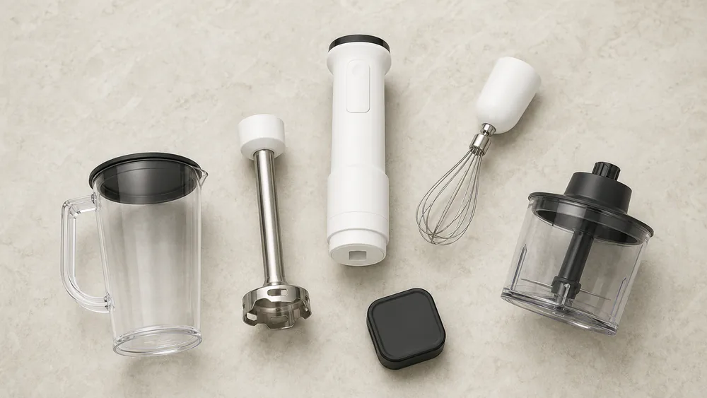 The KitchenAid Go cordless kit laid out on a counter: blender body, whisk, chopper, and 4-cup pitcher.