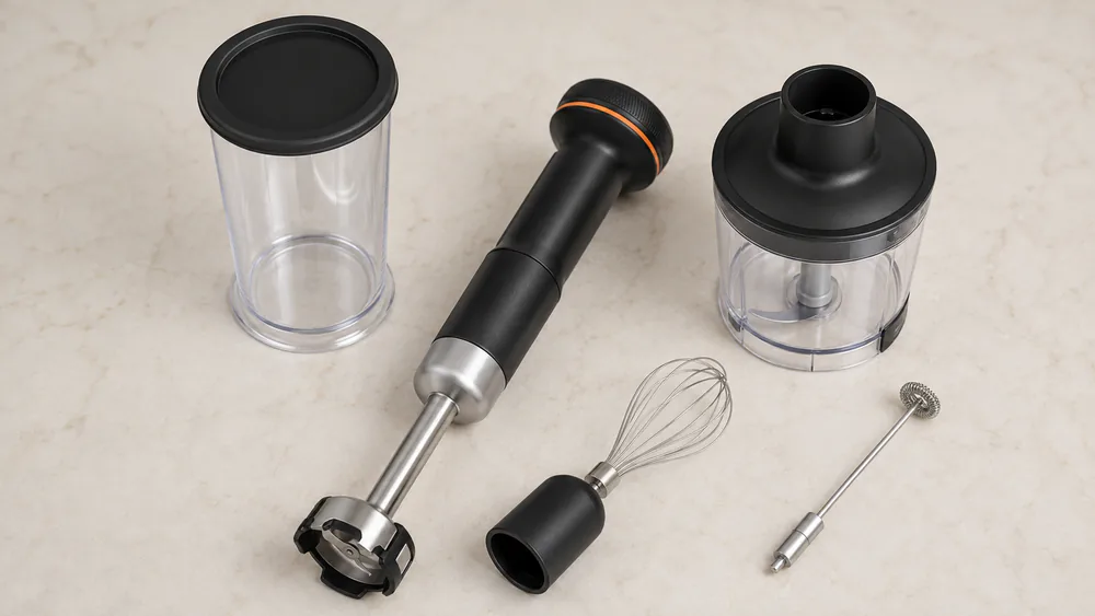 The RITUS 5-in-1 cordless immersion blender kit arranged on a counter: wand, mixing beaker, chopper bowl, whisk, and milk frother.