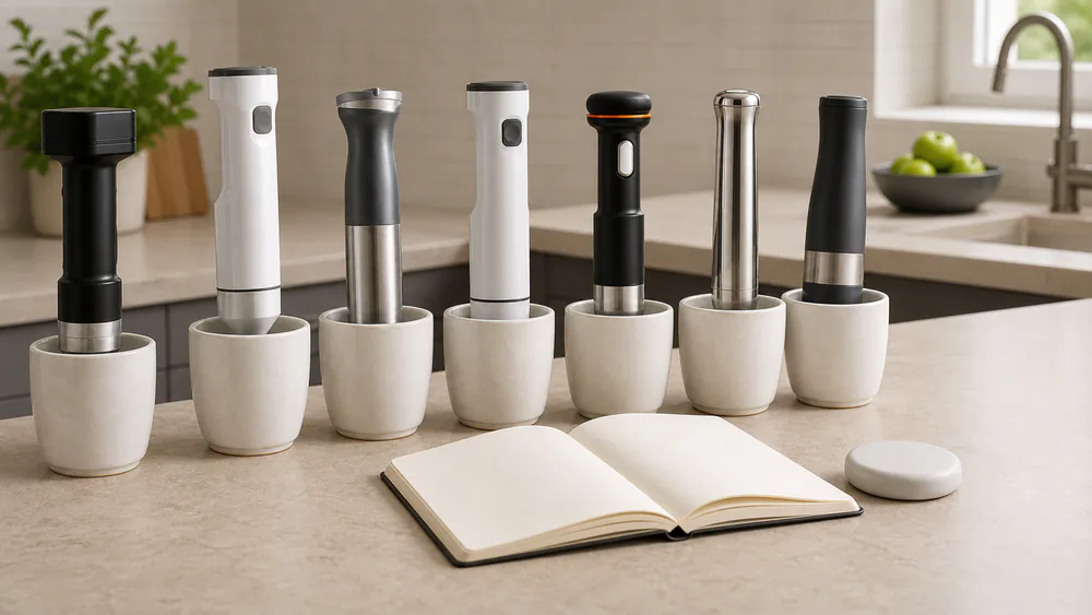 Seven cordless immersion blenders lined up on a test kitchen counter, a runtime-timing notebook beside the battery indicators.