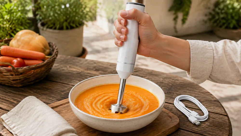 A UTALENT cordless hand blender pureeing soup in a bowl outdoors, its USB-C cable coiled beside it.