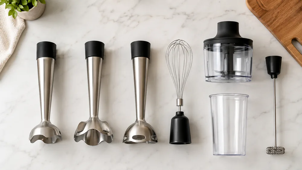 Cordless stick blender parts arranged on a kitchen counter: blending arms, a whisk, a chopper bowl, and a beaker.