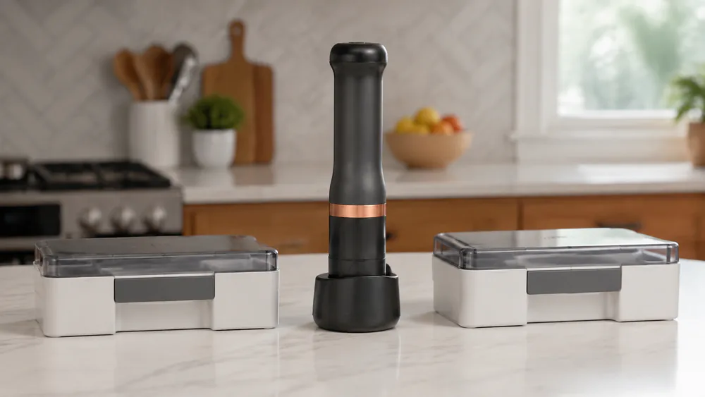 A BLACK+DECKER Kitchen Wand cordless immersion blender resting on its charging dock, with two storage cases holding its six attachments on the counter beside it.