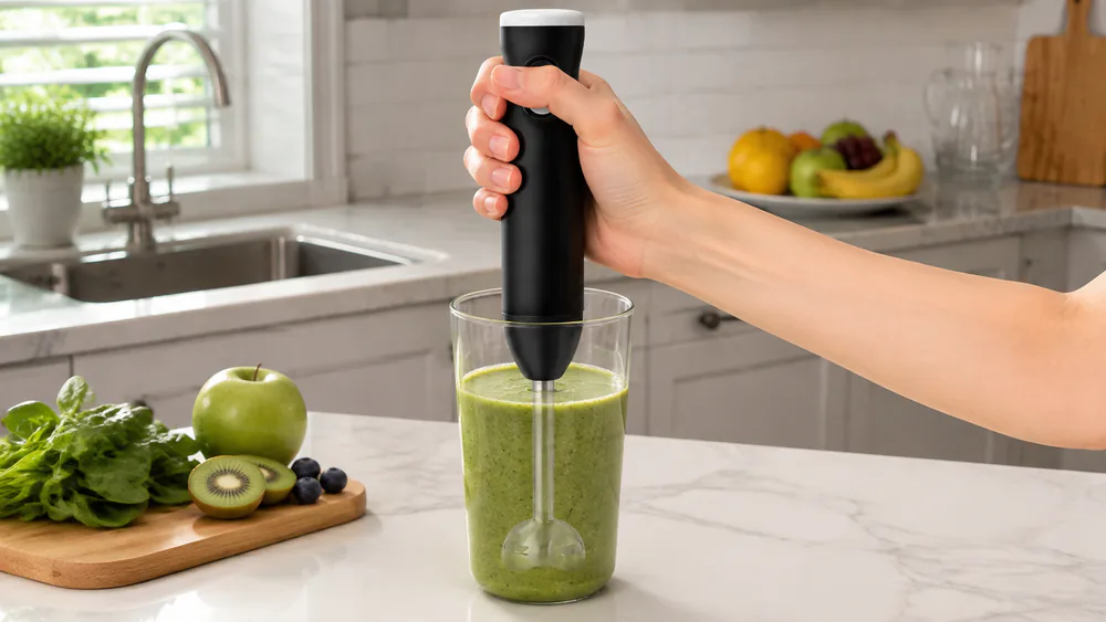 An OVENTE HR781B cordless hand blender held in one hand inside a tall measuring cup of smoothie.