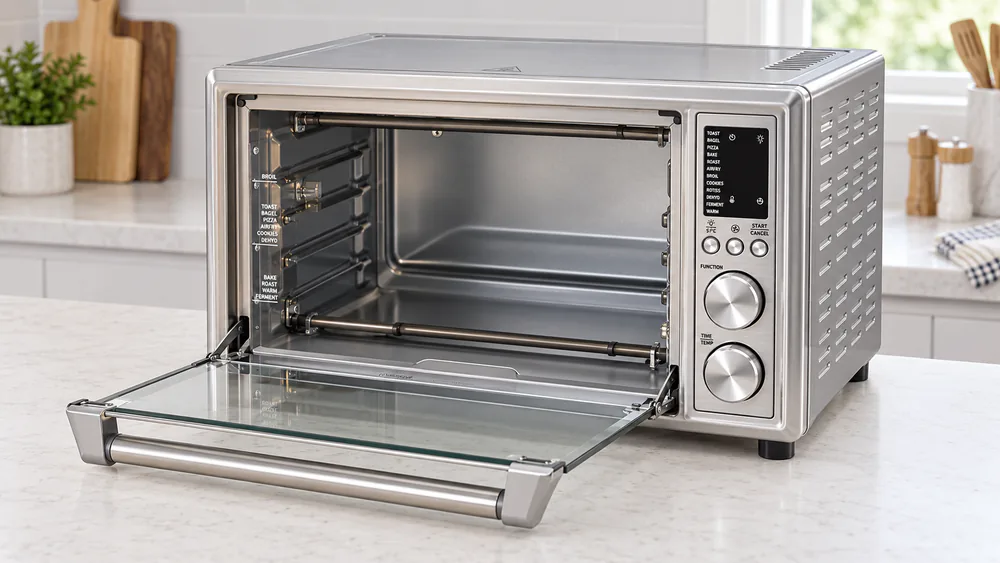 A Cosori toaster oven with the glass door open on a kitchen counter, showing the door hinge and the rack positions inside