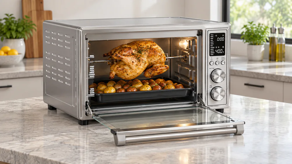 A 5 lb rotisserie chicken with baby potatoes browning in the bottom tray of a Cosori CO130-AO toaster oven, glass door open