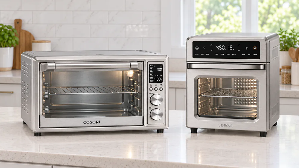 A 13-quart Cosori air fryer oven and a 32-quart Cosori toaster oven side by side on a kitchen counter to show the size difference