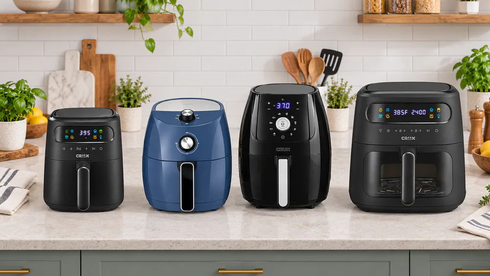 The four Crux air fryers, 3QT, 3.7QT, 6QT and 8QT, lined up on a kitchen counter by size