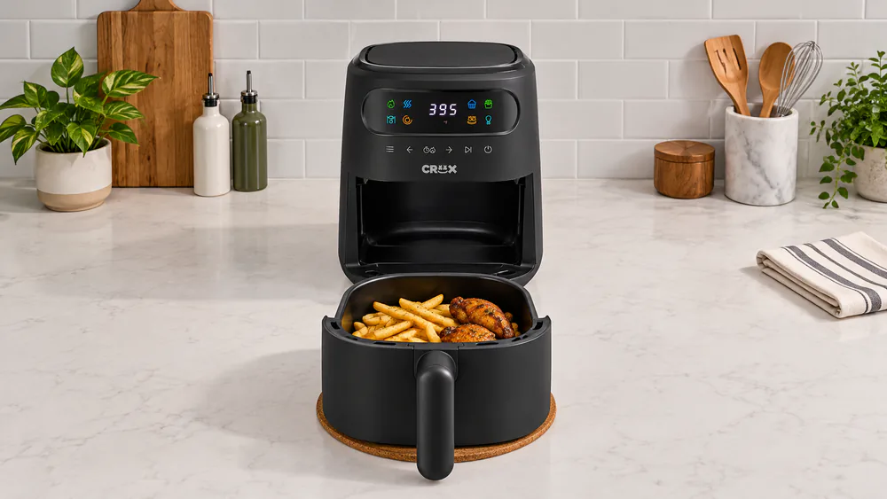 A Crux x Marshmello 3QT air fryer with its basket pulled out, holding golden fries and crisp wings
