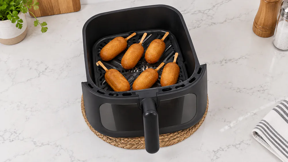 A Crux x Marshmello 8QT air fryer basket loaded with six corn dogs in a single layer