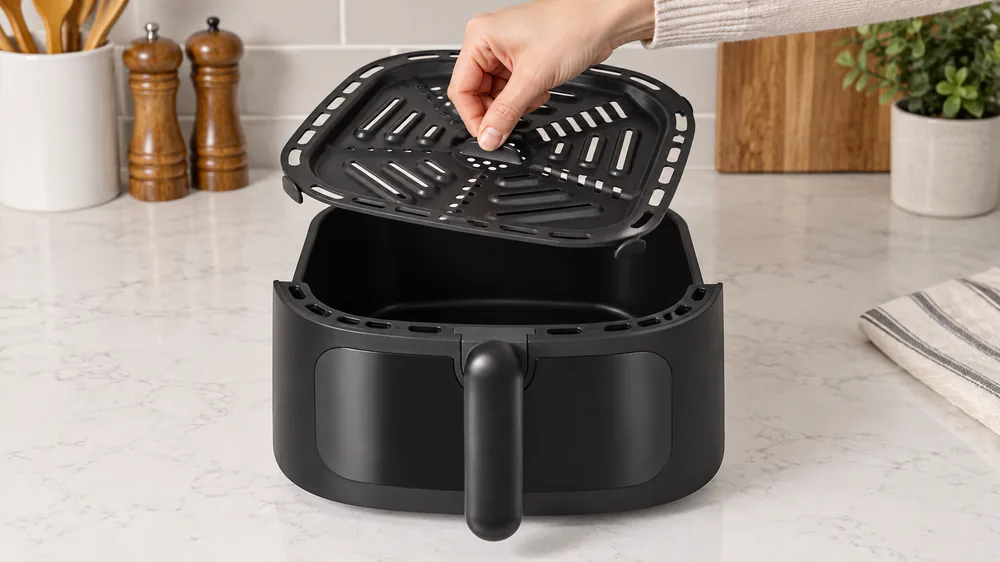 Close-up of a Crux TurboCrisp crisping tray lifted out of an air fryer basket
