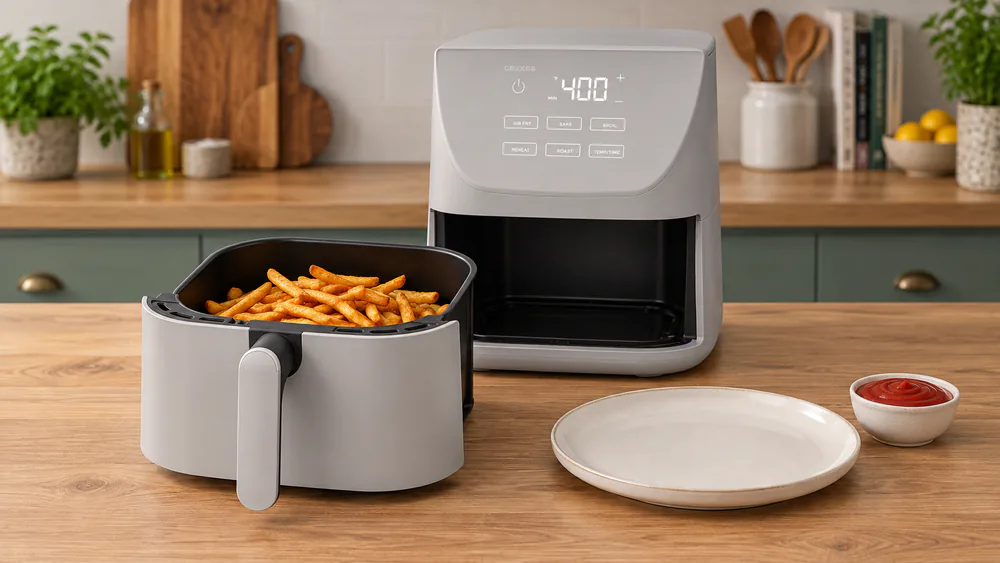 A crisping tray of golden frozen fries fresh from a CruxGG air fryer basket on a family kitchen counter, with a plate and ketchup beside it